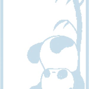 May include: A white panda bear silhouette with black eyes and ears, peeking out from behind a light blue bamboo stalk.