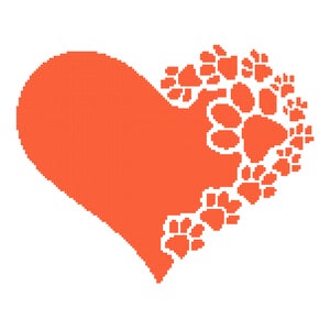 May include: An orange heart with paw prints forming the outline of the heart.