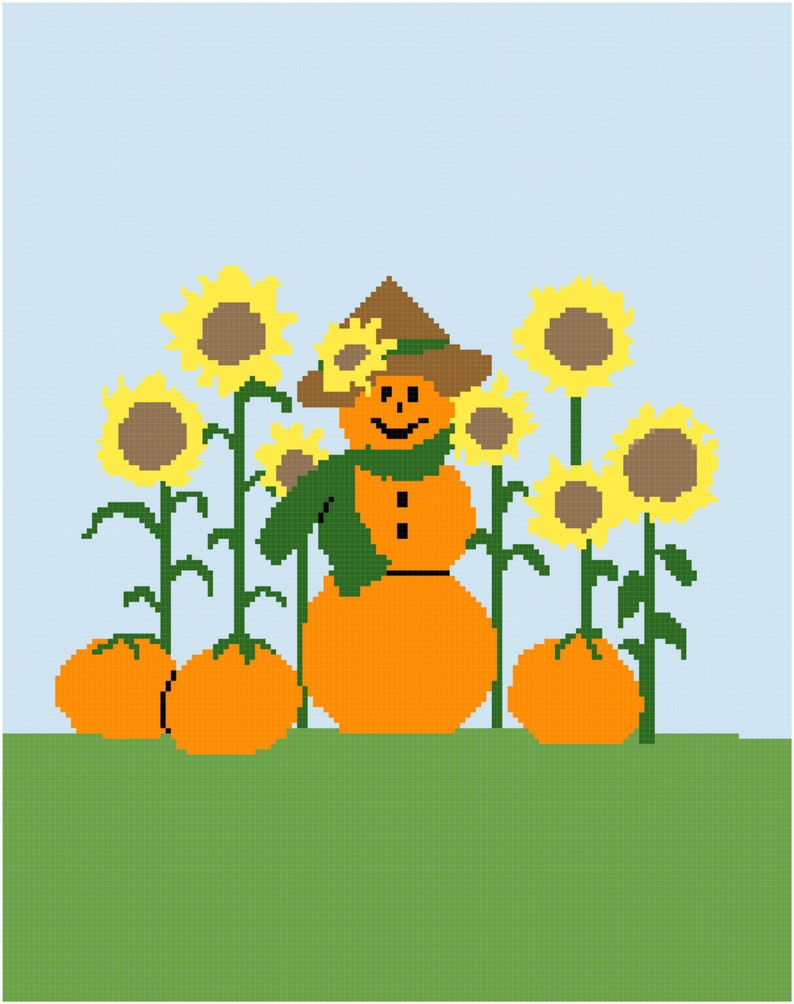 May include: A smiling orange pumpkin snowman wearing a green scarf and brown hat stands in a field of sunflowers with orange pumpkins at the base of the sunflowers.