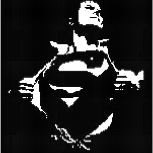 Pode incluir: Gráfico a preto e branco de uma pessoa com os braços estendidos, revelando um grande emblema branco no peito. A imagem é uma representação estilizada, com foco na pose da figura e no símbolo icónico.