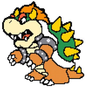 Könnte beinhalten: Eine Pixelgrafik eines Comic-Charakters, Bowser, aus der Super Mario Bros. Videospielserie. Bowser ist eine große, grüne, feuerspeiende schildkrötenartige Kreatur mit einer stacheligen Schale und einem grimmigen Ausdruck. Er trägt eine rote und gelbe Krone und hat eine gelbe Mähne.