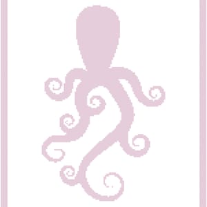 May include: A pink silhouette of an octopus with curled tentacles on a white background with a pink border.