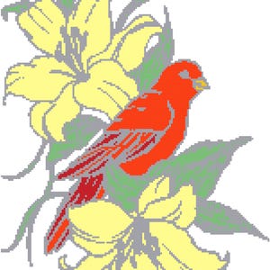 Könnte beinhalten: Eine digitale Illustration eines roten Vogels, der zwischen gelben Lilien und grünen Blättern sitzt. Der Vogel hat einen gelben Schnabel und ist vor einem weißen Hintergrund platziert. Die Blumen blühen voll, mit grauen Akzenten.