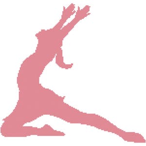 May include: A pink silhouette of a person in a dance pose with arms raised above their head and one leg extended.