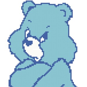 May include: A pixelated illustration of a light blue bear with a white muzzle and a smiling expression. The bear is in a side profile, with its arms crossed. The image has a grid-like pattern.