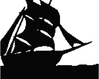 May include: Black and white silhouette of a ship sailing on the water.