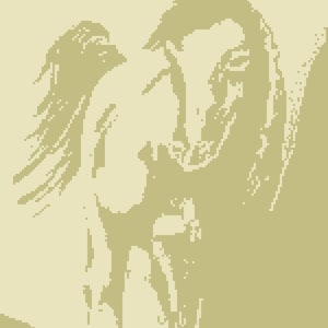 Puede incluir: Una ilustración estilizada en beige y blanco de un caballo y un animal más pequeño, posiblemente un gato, de pie uno al lado del otro. El caballo tiene una larga melena y cola, y el animal más pequeño está mirando al caballo.