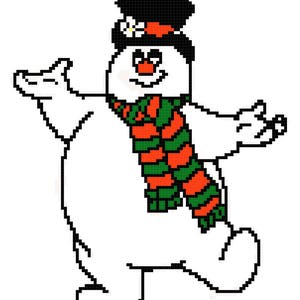 May include: A cartoon snowman wearing a black top hat with a white flower, a red scarf, and a green and red striped scarf. The snowman is smiling and has two black eyes and a red nose.