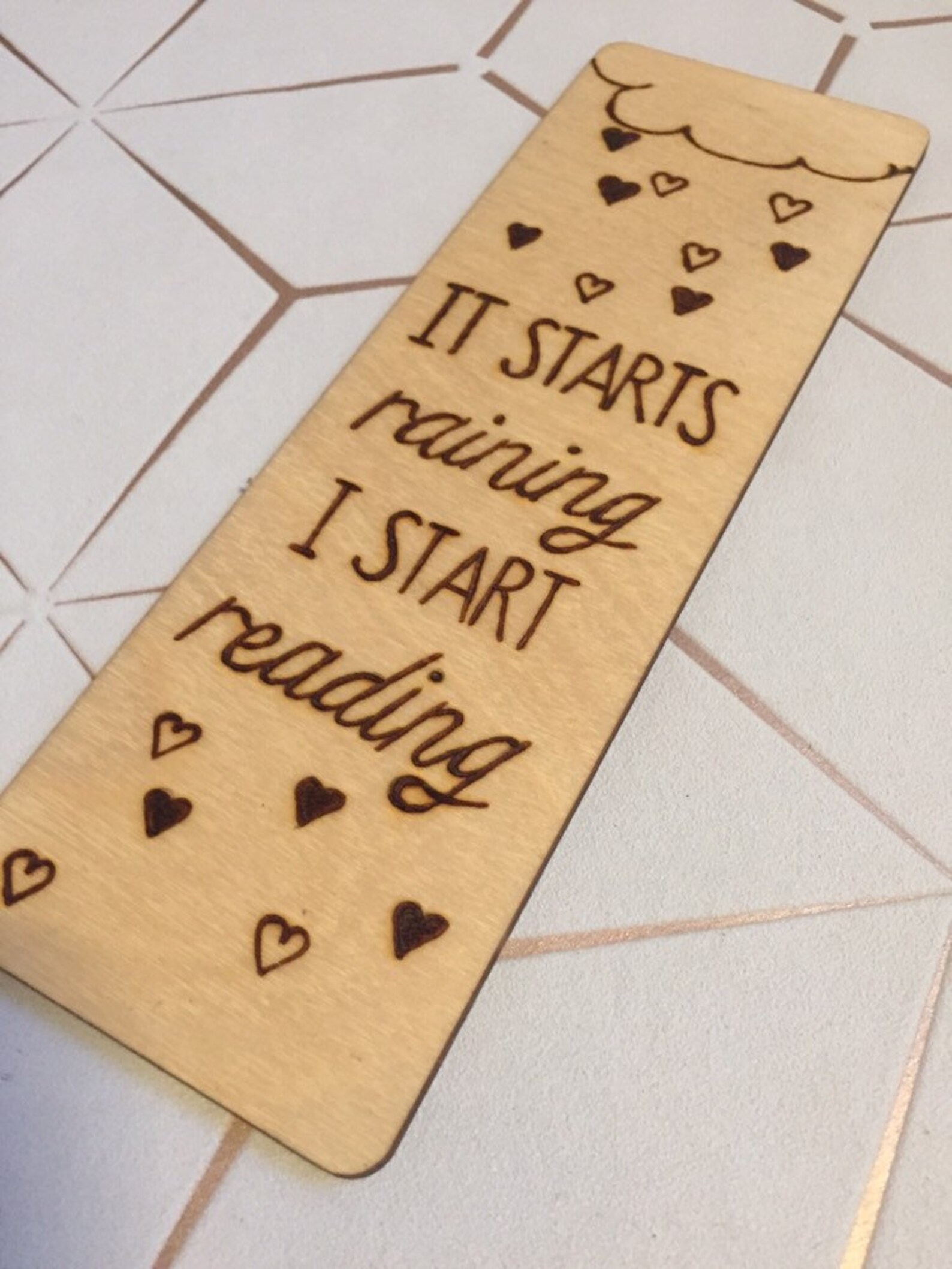 It Starts Raining I Start Reading Wooden Bookmark Wood Burnt Etsy