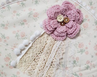 Dusty Pink Rustic Scalloped floral hairclip and brooch with lace trims pompom Morikei Morigirl