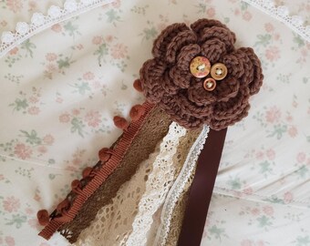 Brown Rustic Scalloped floral hairclip and brooch with lace trims pompom Morikei Morigirl