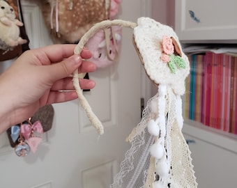 Rustic Scalloped floral leaf headband with lace trims pompom Morikei Morigirl