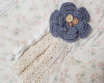 Dusty Blue Hama Kei Rustic Scalloped floral hairclip and brooch with lace trims pompom