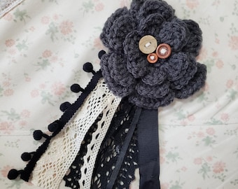 Dark Gray Crochet Flower Hairclip Brooch with Lace and Pom-Pom Trims Morikei Morigirl