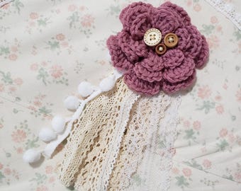 Dusty Rose Rustic Scalloped floral hairclip and brooch with lace trims pompom Morikei Morigirl