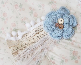 Light Blue Yarn Flower Hairclip Brooch with Lace and Buttons