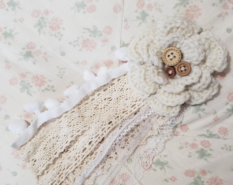 Ivory Rustic Scalloped floral hairclip and brooch with lace trims pompom Morikei Morigirl