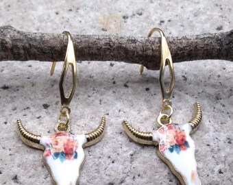 Enamel Floral Bull Skull Earrings