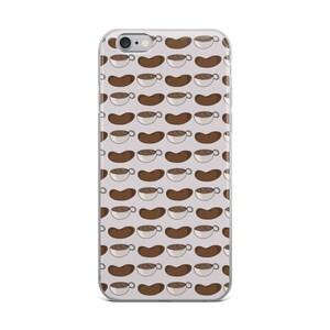 May include: A clear phone case with a repeating pattern of brown sausages and white mugs filled with brown liquid. The case is designed for an iPhone.