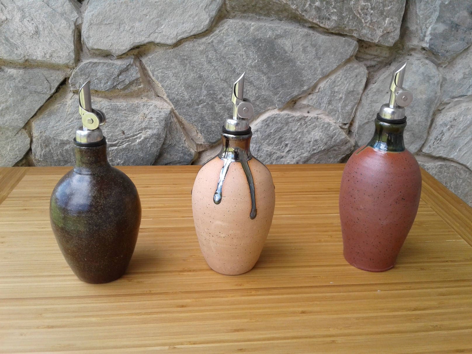Oil or Vinegar Pottery Jars in browns handmade by Hatfield Etsy