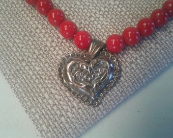 Silver Heart with red beads necklace and earring set.