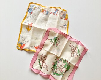 Lot of 2 Vintage Children's Themed Cotton Voile Napkins Handkerchiefs