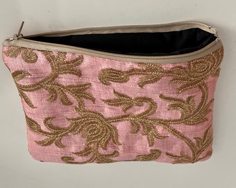 Pink Silk And Gold Embroidered Sequin Makeup Pouch