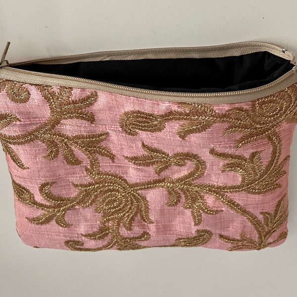 Pink Silk And Gold Embroidered Sequin Makeup Pouch