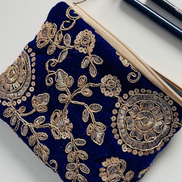 Gold Embroidered Velvet Pouch Clutch Bag Coin Purse