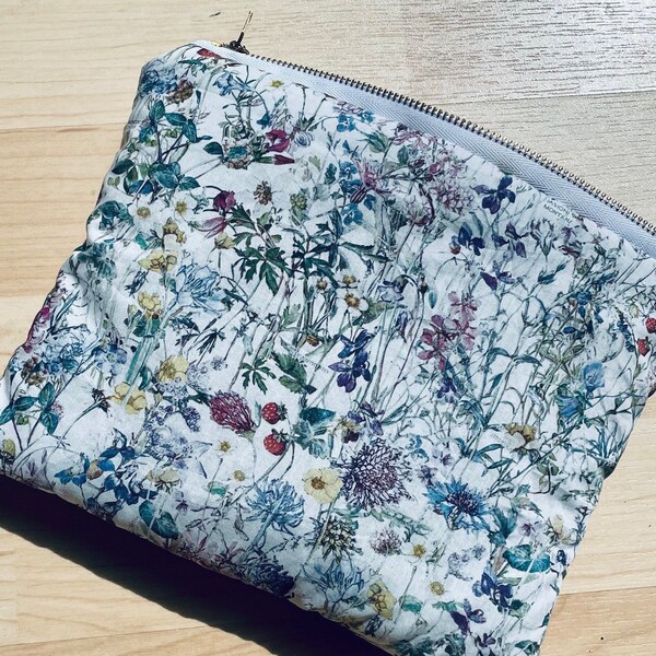 Liberty White Floral Toiletry Bag Zip Pouch Purse - “Wild flowers”