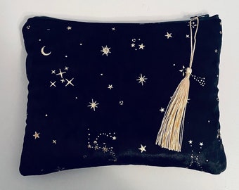 Trousse de maquillage Constellations d'étoiles en velours noir avec pochette intérieure imperméable | Cadeau astrologie | Pochette signe astrologique