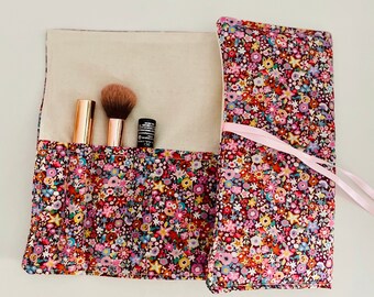 Liberty Pink Ditsy Print Floral Make Up Brush Roll | Make Up Storage | Fabric Brush Roll Up | Liberty Brush Roll