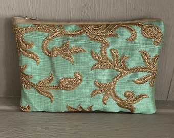 Mint Green Silk And Gold Embroidered Sequin Makeup Pouch
