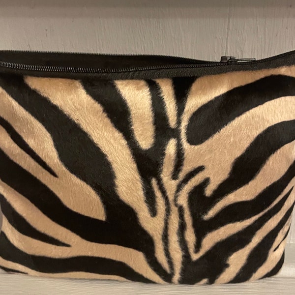 Velvet Animal Print Faux Fur MakeUp Bag | Furry MakeUp Pouch | Animal Print Cosmetic Bag | Zebra Fur Make Up Bag | Tiger Print Zipper Pouch