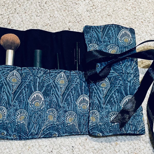 Liberty “Queen Hera” Blue Peacock Feather Make Up Brush Roll