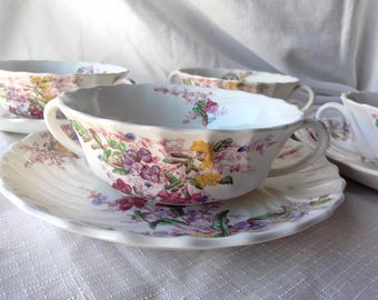 5 Spode Copeland Fairy Dell cream soup bowls and saucers