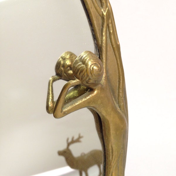 FREE shipping Art Nouveau Brass Mirror with Nymph Eyeing Reflection Woodland details