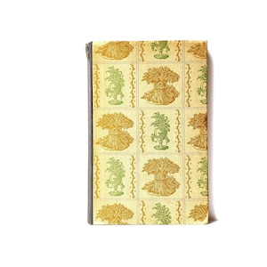May include: A vintage book with a yellow and green floral pattern on the cover. The cover has a repeating pattern of stylized flowers and leaves.