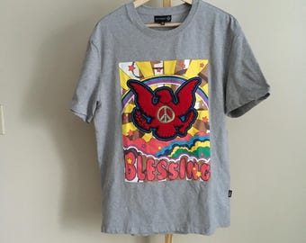 8IGTH DSTKRT Mens XL Grey Eagle Peace Sign Graphic T Shirt Cotton Spandex