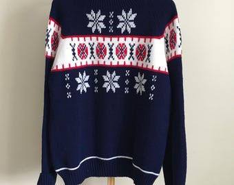 Vintage JCPenney Classic Mens Navy Blue Fair Isle Snowflake Sweater L