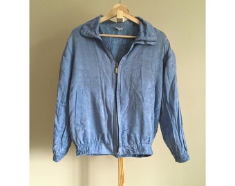 Fuda International Vintage Silk Floral Jacquard Bomber Jacket Blue Womens M
