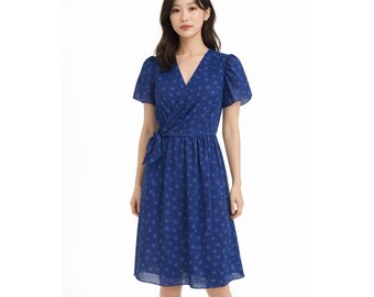 Vintage Royal Blue Faux Wrap Midi Dress Short Puff Sleeve Floral Dot Print 8