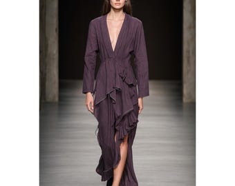 Ivan Grundahl Asymmetrical Ruffle Wrap Dress Plum Linen Cotton Blend