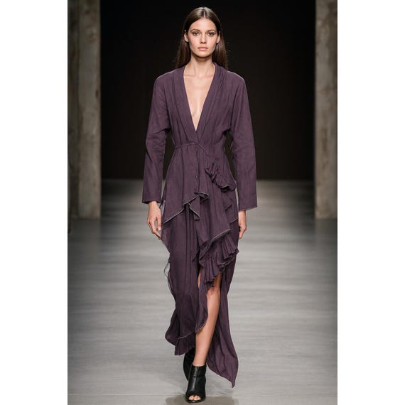 Ivan Grundahl Asymmetrical Ruffle Wrap Dress Plum Linen Cotton Blend