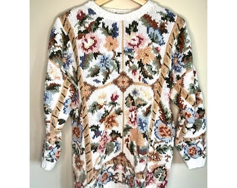 Cristal-Kobe Vintage Floral Tapestry Chunky Knit Sweater Petite Cream Multi 90s