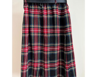 Vintage Kay Warner Plaid Wool Blend Midi Skirt Red Black Tartan Size 12