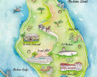 Custom Wedding Map- Mackinac Island Wedding Map- Mackinac Watercolor Wedding Map- Watercolor Wedding Map