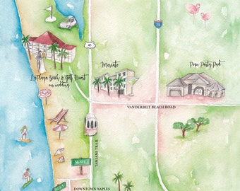 Naples Wedding Map- Custom Wedding Map- Watercolor Wedding Map- Illustrated Wedding Map