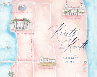 Mapa de boda personalizado - Mapa de boda de Palm Beach - Mapa de boda de acuarela
