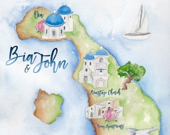 Custom Wedding Map- Santorini Wedding Map- Watercolor Wedding Map- Illustrated Wedding Map